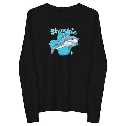 Kids' black long sleeve t-shirt with a printed graphic of a shark and the word, 'Sharkie'. Designed by Wizard Prints
