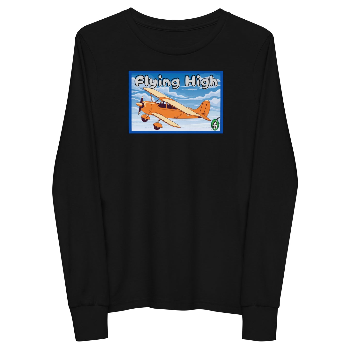 Kids' black long sleeve t-shirt with a printed graphic of a vintage airplane and the words, 'Flying High'. Designed by Wizard Prints