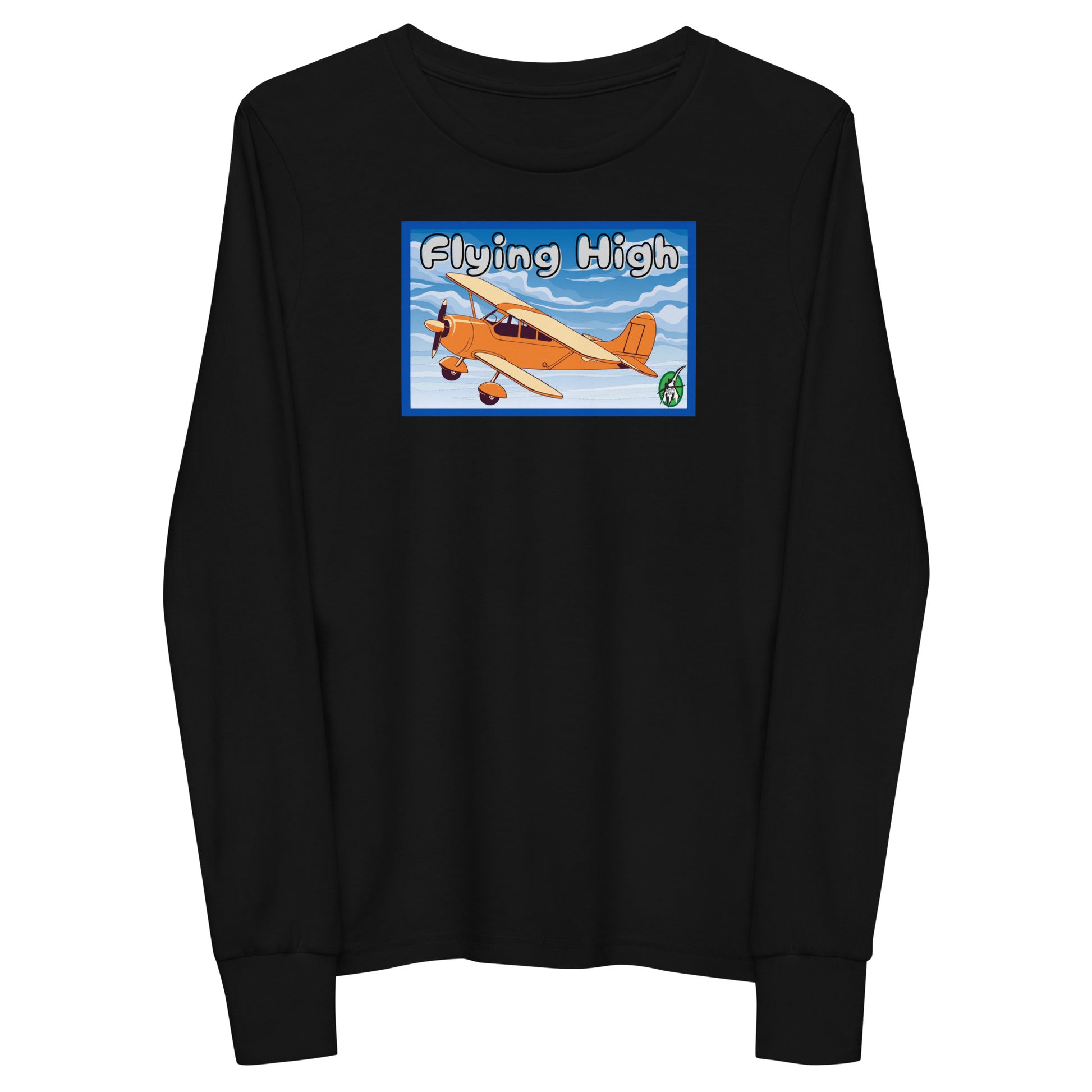 Kids' black long sleeve t-shirt with a printed graphic of a vintage airplane and the words, 'Flying High'. Designed by Wizard Prints