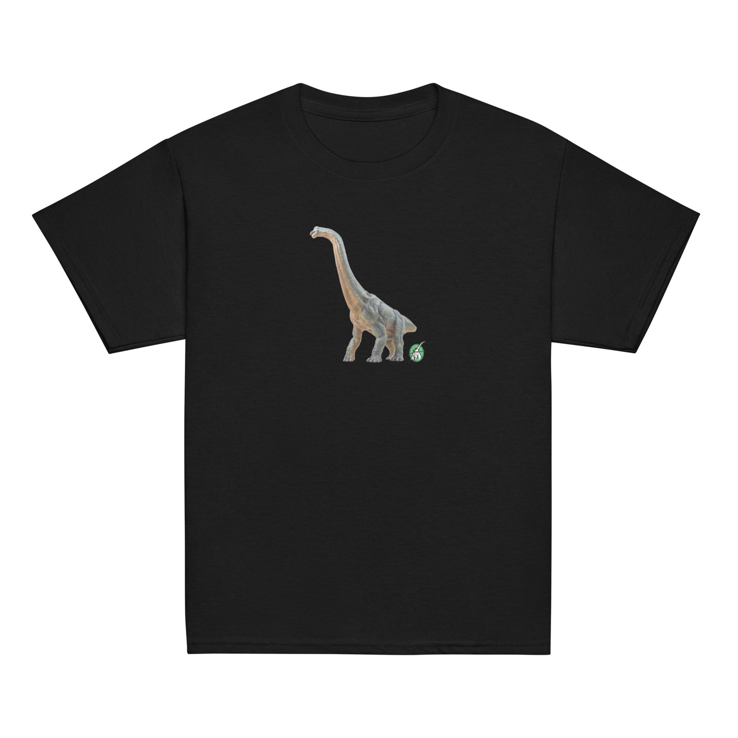 Kids' black t-shirt featuring a printed graphic of a life like brachiosaurus, designed by Wizard Prints.