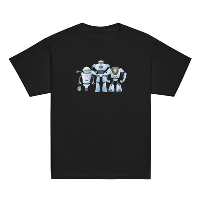 Kids' black t-shirt featuring a printed graphic of cartoon robots, designed by Wizard Prints.