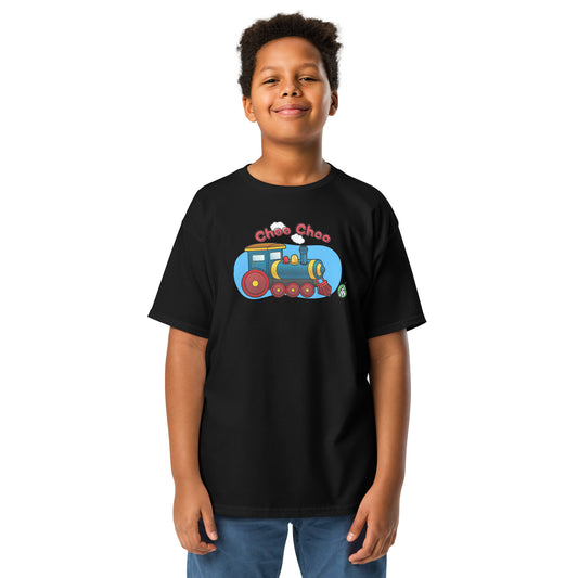 A boy standing and wearing a black t-shirt featuring a printed graphic of a cartoon train, designed by Wizard Prints.