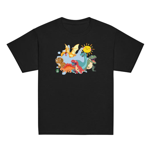 Kids' black t-shirt with a printed graphic of a group of colorful cartoon dinosaurs and the sun. Designed by Wizard Prints.