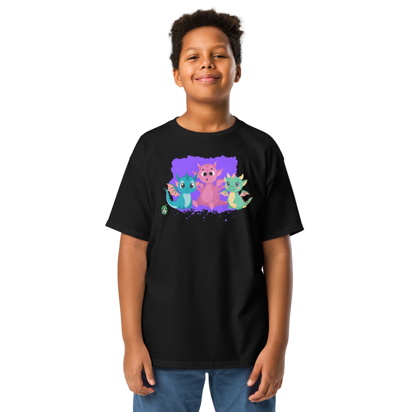 A boy standing and wearing a black t-shirt featuring a printed graphic of colorful dragons, designed by Wizard Prints.