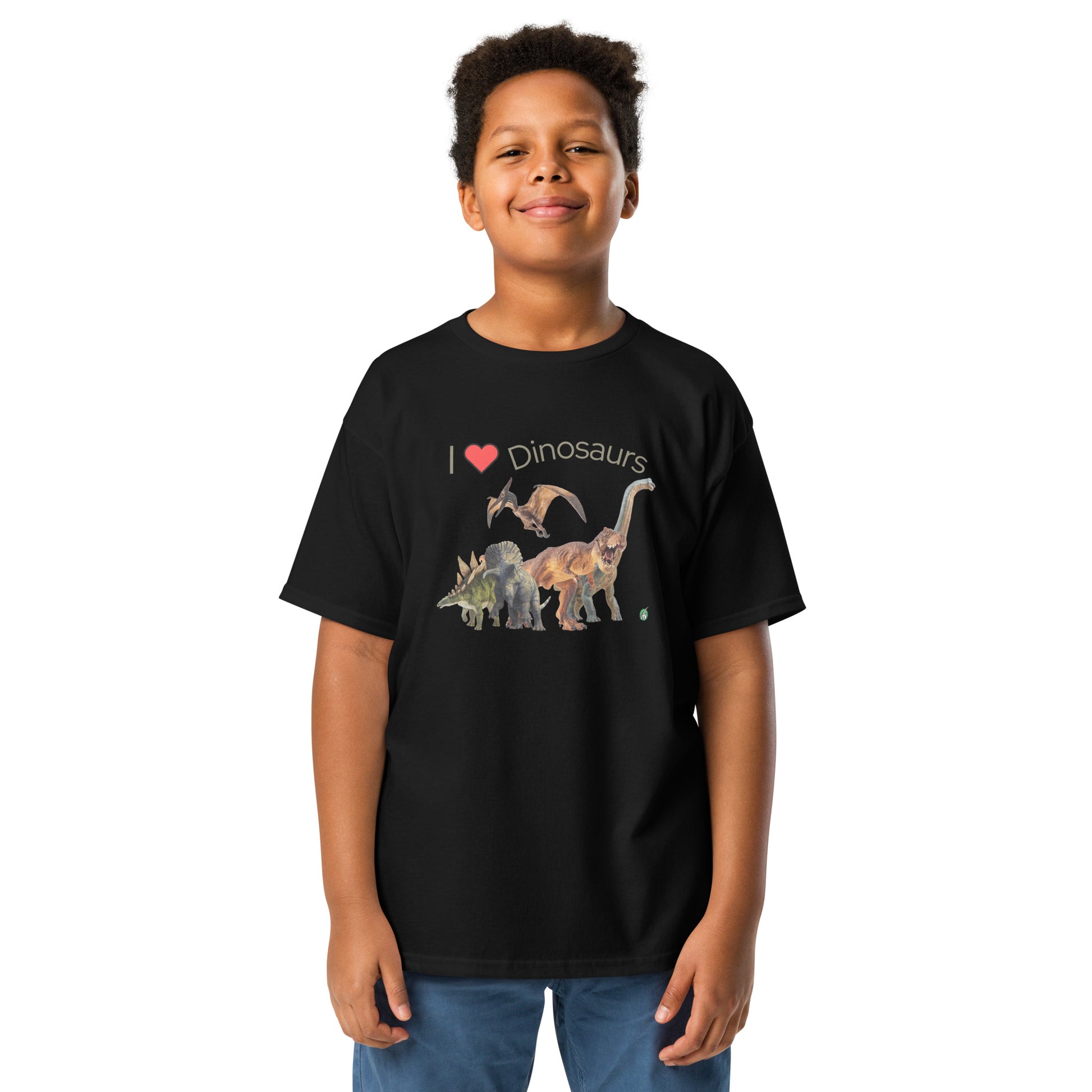A boy standing and wearing a black t-shirt featuring a printed graphic of life like dinosaurs and the words, I love Dinosaurs, designed by Wizard Prints.