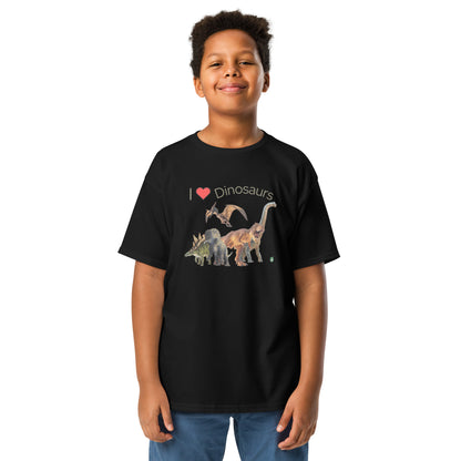 A boy standing and wearing a black t-shirt featuring a printed graphic of life like dinosaurs and the words, I love Dinosaurs, designed by Wizard Prints.