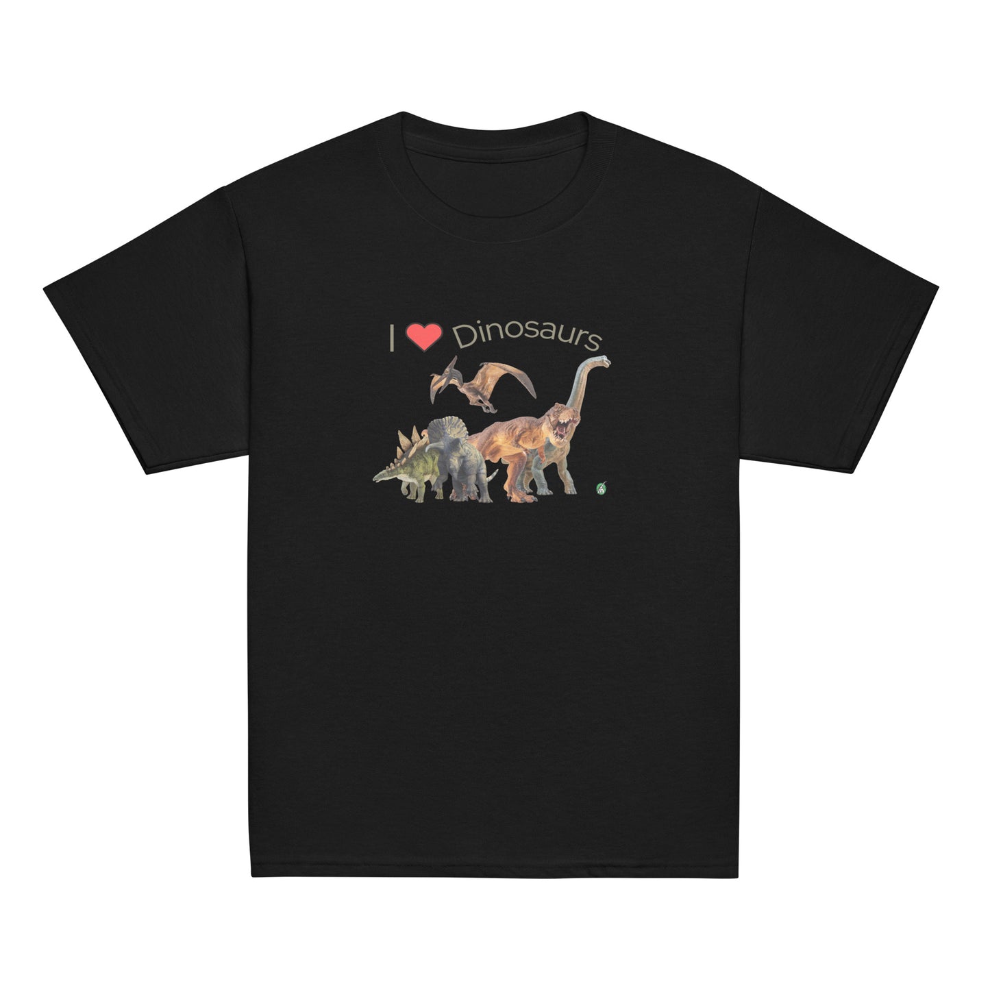 Kids' black t-shirt featuring a printed graphic of life like dinosaurs and the words, I love Dinosaurs, designed by Wizard Prints.