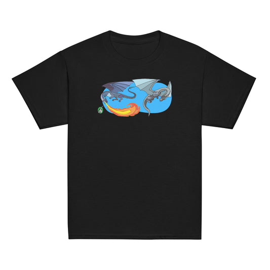 Kids' black t-shirt featuring a printed graphic of two flying fiery dragons, designed by Wizard Prints.