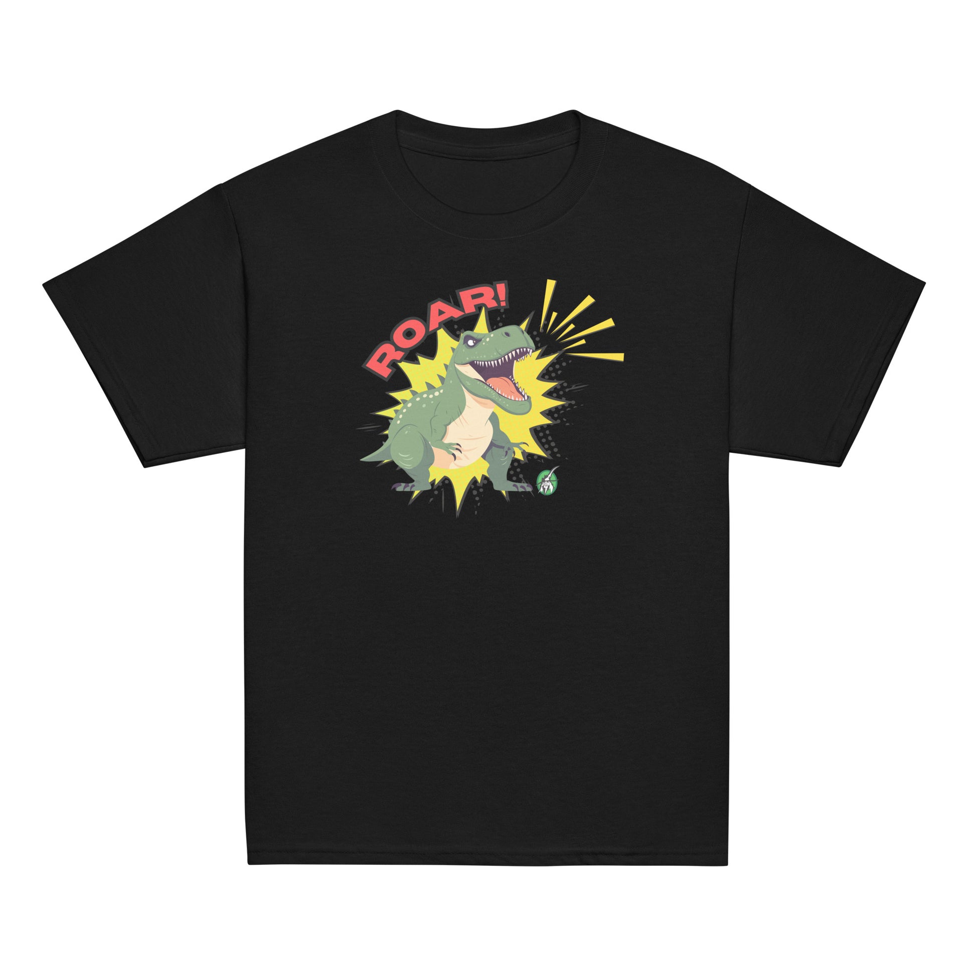 Kids' black t-shirt with a printed graphic of a green roaring dinosaur and the word, Roar!. Designed by Wizard Prints.