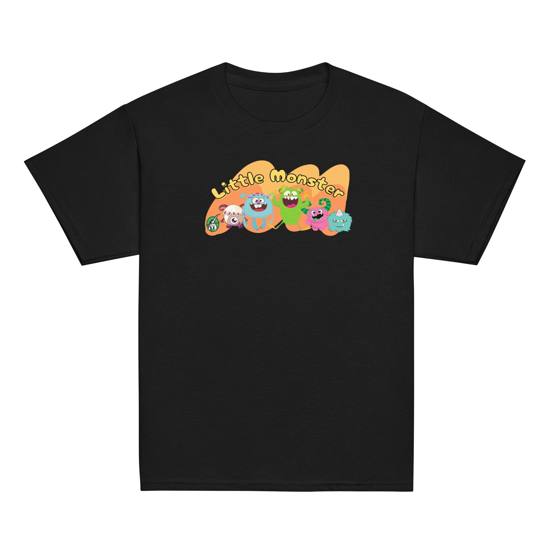 Kid's black t-shirt with a printed graphic of colourful monsters and the words, 'Little Monster'. Designed by Wizard Prints