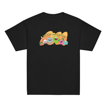 Kid's black t-shirt with a printed graphic of colourful monsters and the words, 'Little Monster'. Designed by Wizard Prints