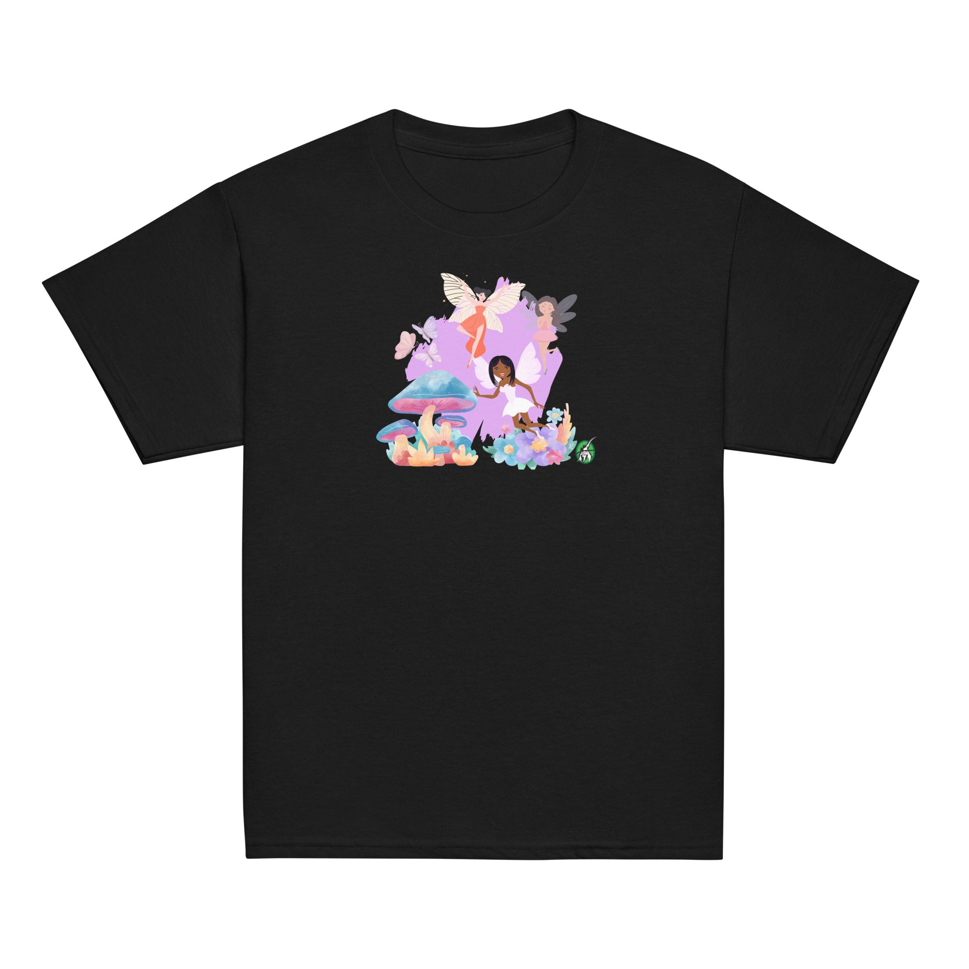 Kids' black t-shirt featuring a printed graphic of fairies flying over mushrooms, designed by Wizard Prints.