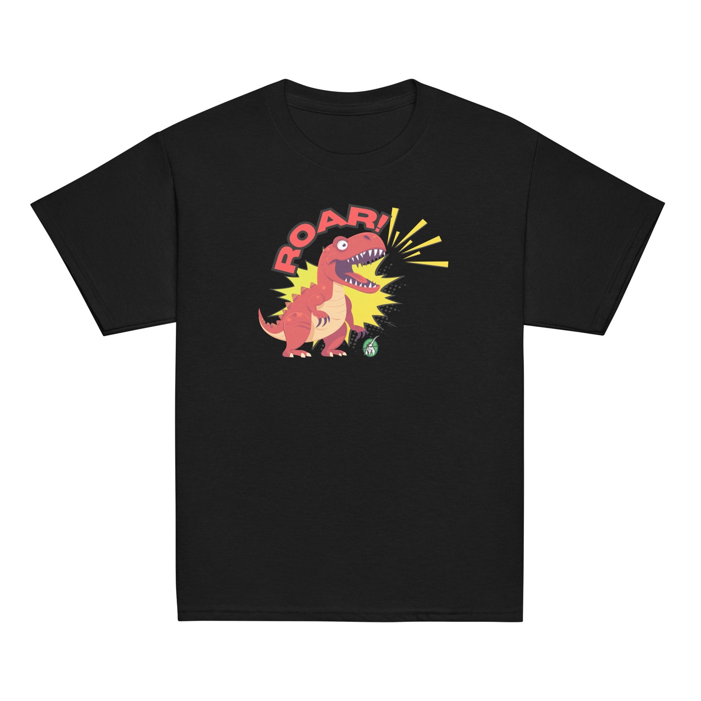 Kids' black t-shirt with a printed graphic of a roaring dinosaur and the word, Roar!. Designed by Wizard Prints.