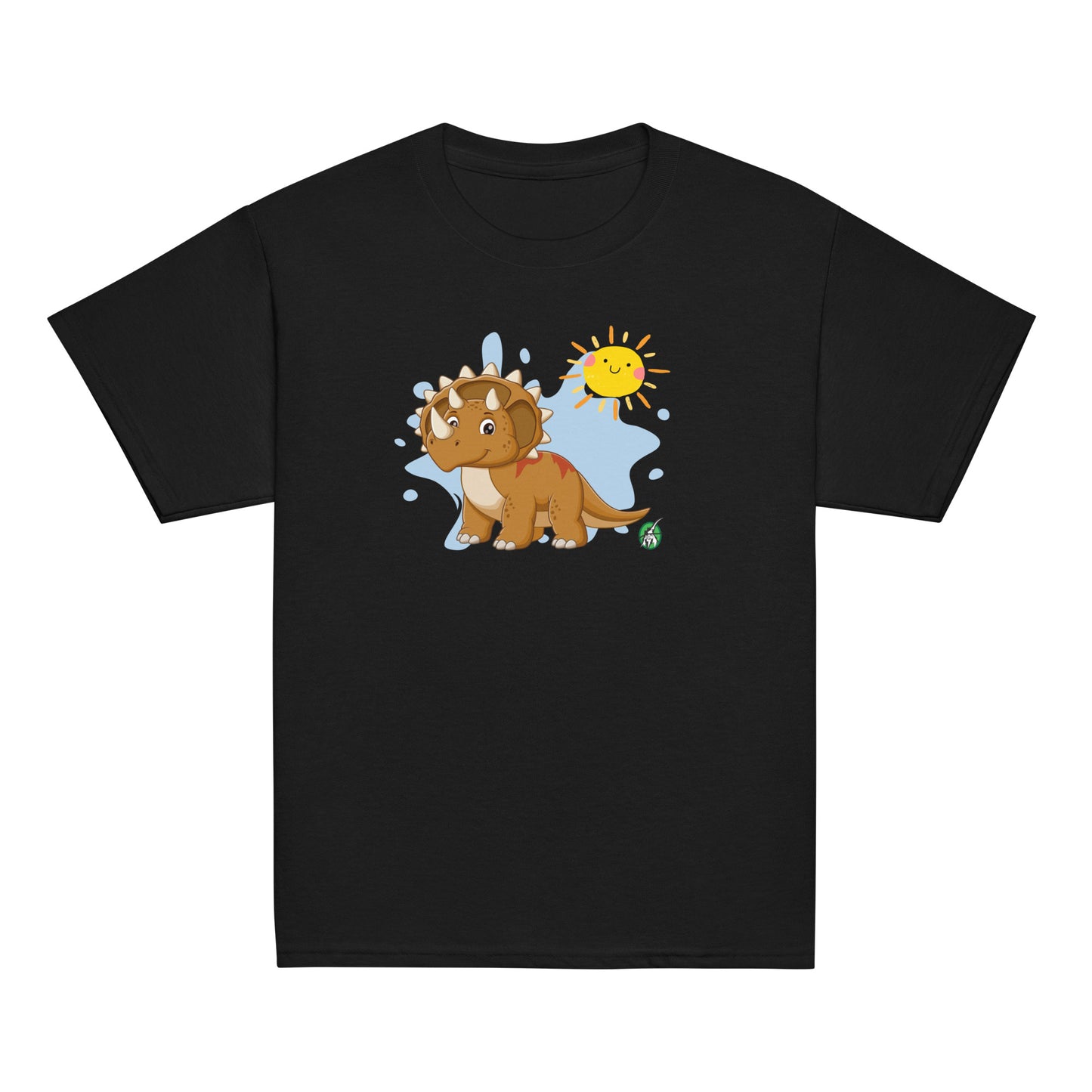 Kids' charcoal t-shirt with a printed graphic of a smiling cartoon triceratops with the sun in the background. Designed by Wizard Prints.