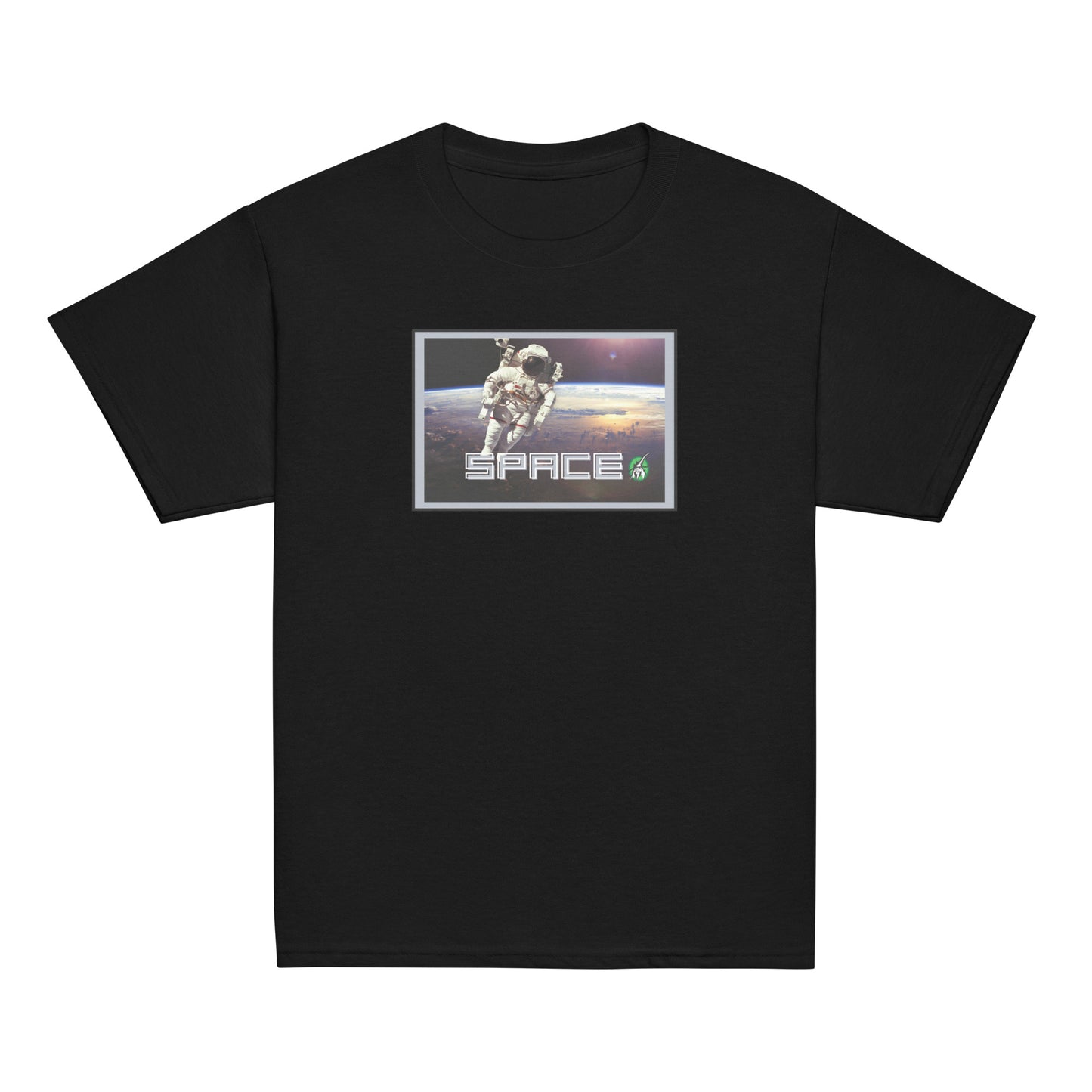 Kids' black t-shirt featuring a printed graphic of a real astronaut in space and the word, Space, designed by Wizard Prints.