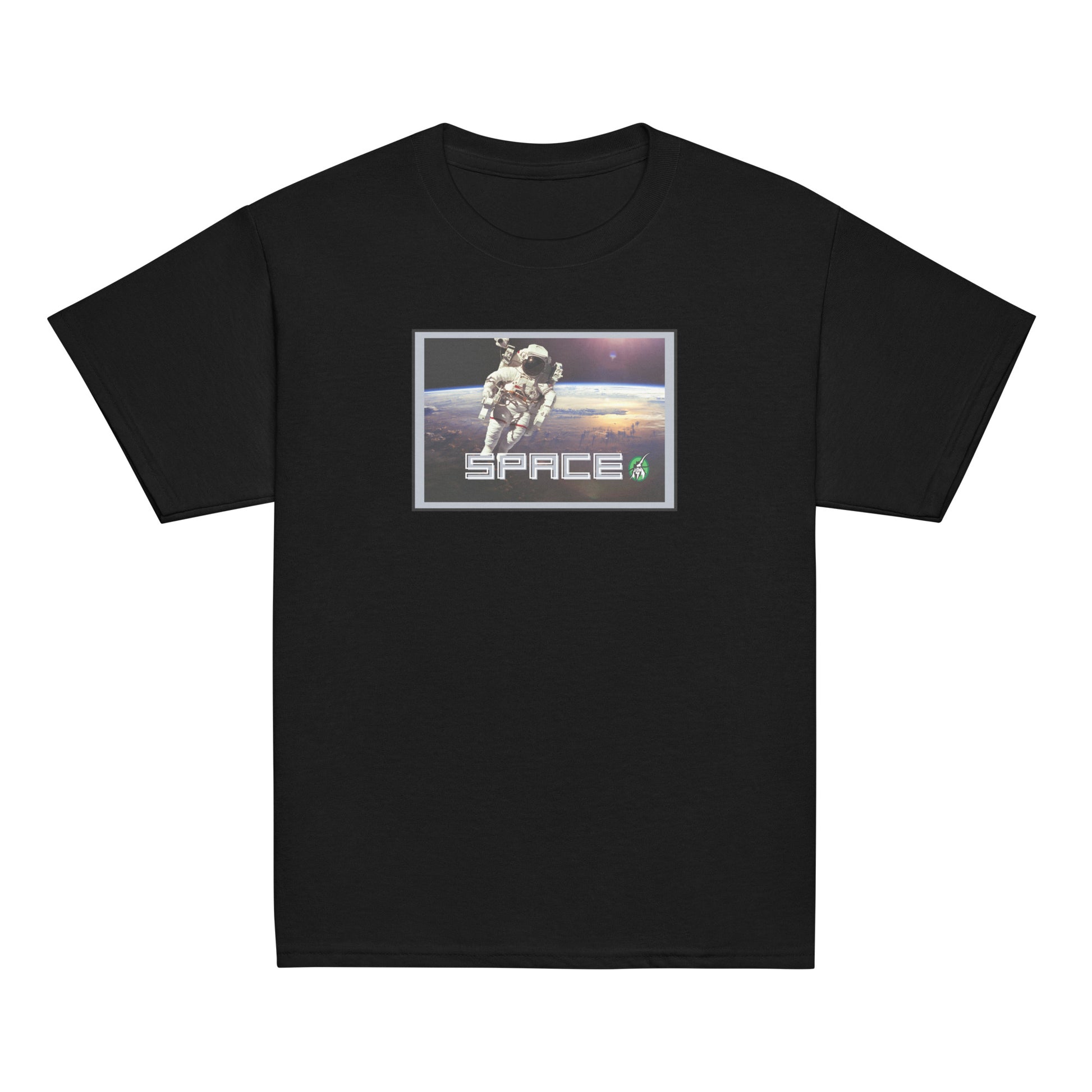 Kids' black t-shirt featuring a printed graphic of a real astronaut in space and the word, Space, designed by Wizard Prints.