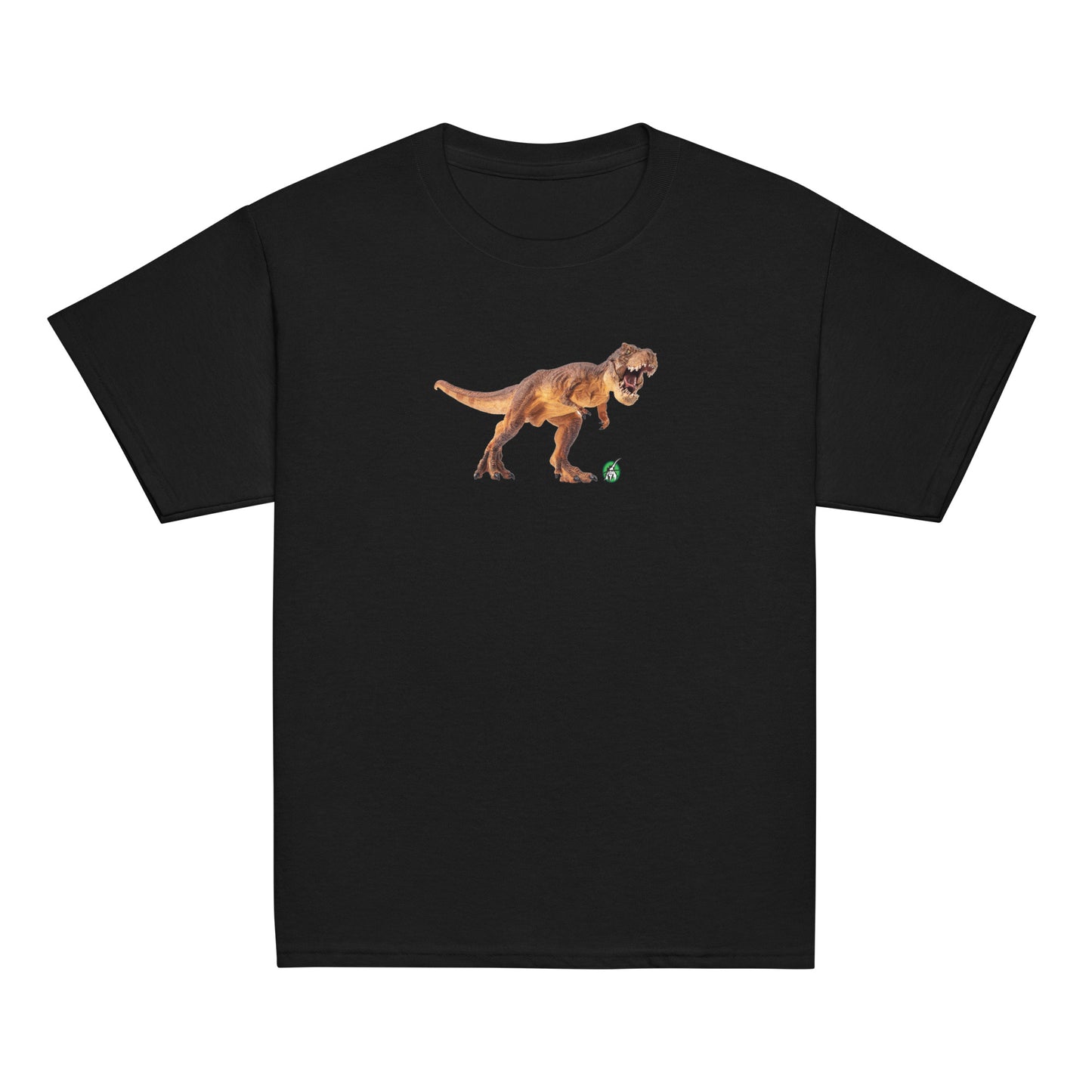 Kids' black t-shirt featuring a printed graphic of a life like dinosaur, designed by Wizard Prints.