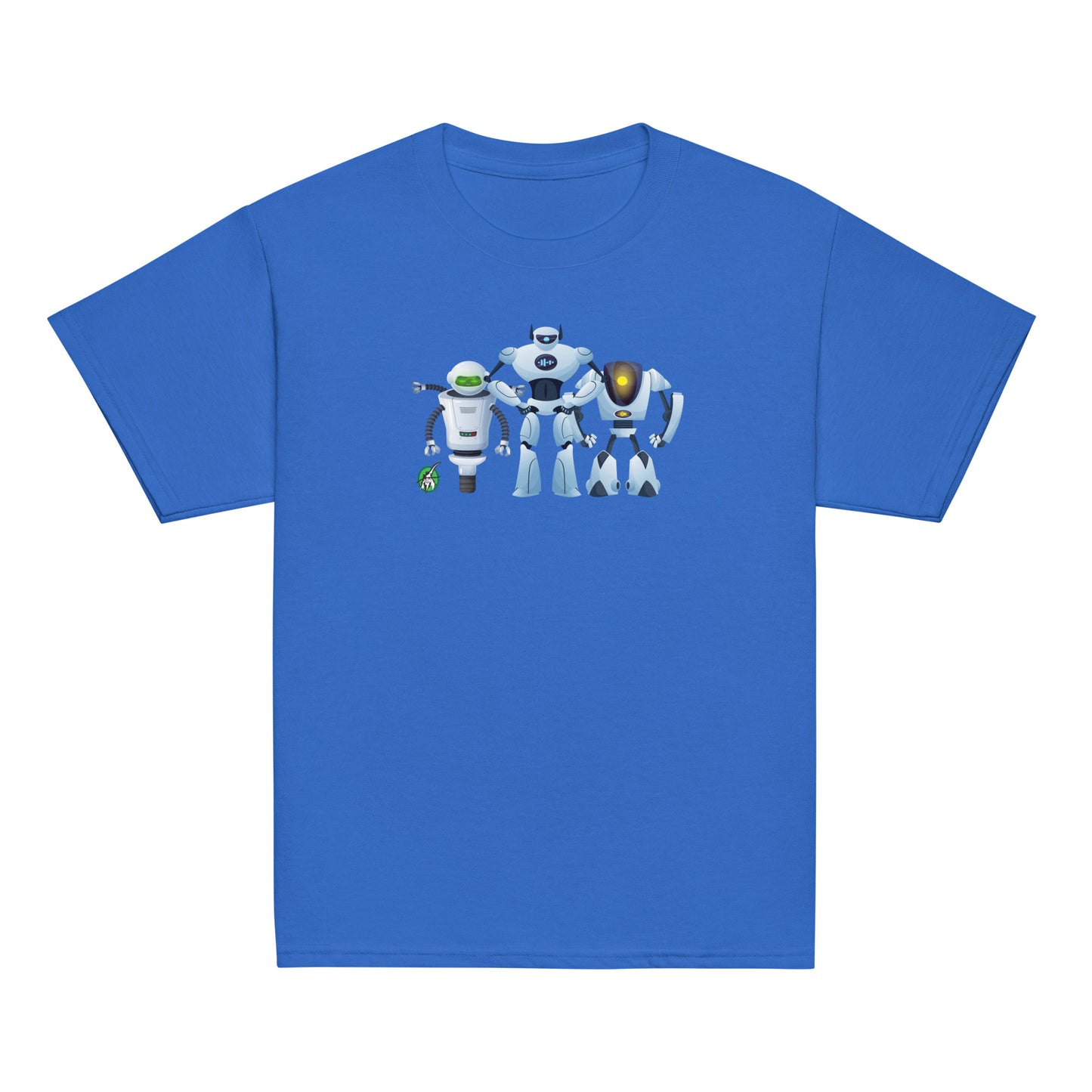Kids' blue t-shirt featuring a printed graphic of cartoon robots, designed by Wizard Prints.