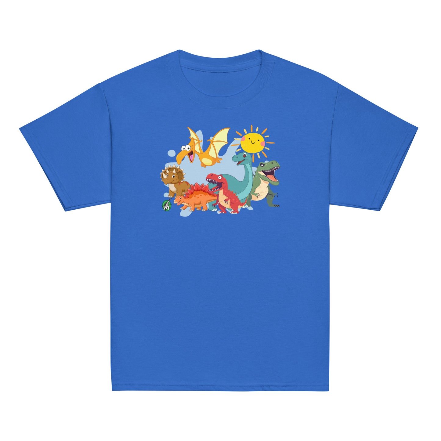 Kids' blue t-shirt with a printed graphic of a group of colorful cartoon dinosaurs and the sun. Designed by Wizard Prints.