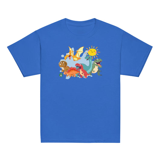 Kids' blue t-shirt with a printed graphic of a group of colorful cartoon dinosaurs and the sun. Designed by Wizard Prints.
