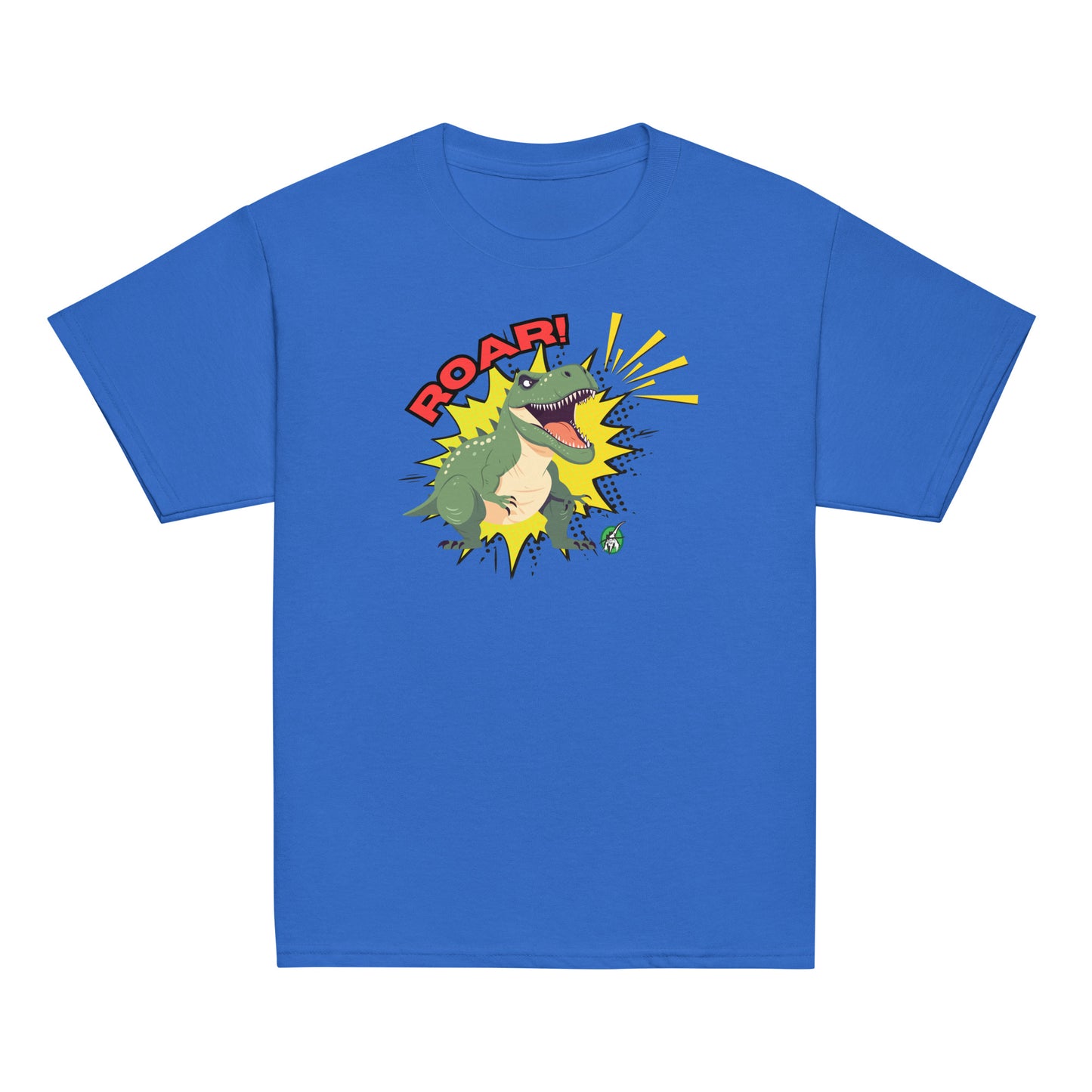Kids' blue t-shirt with a printed graphic of a green roaring dinosaur and the word, Roar!. Designed by Wizard Prints.
