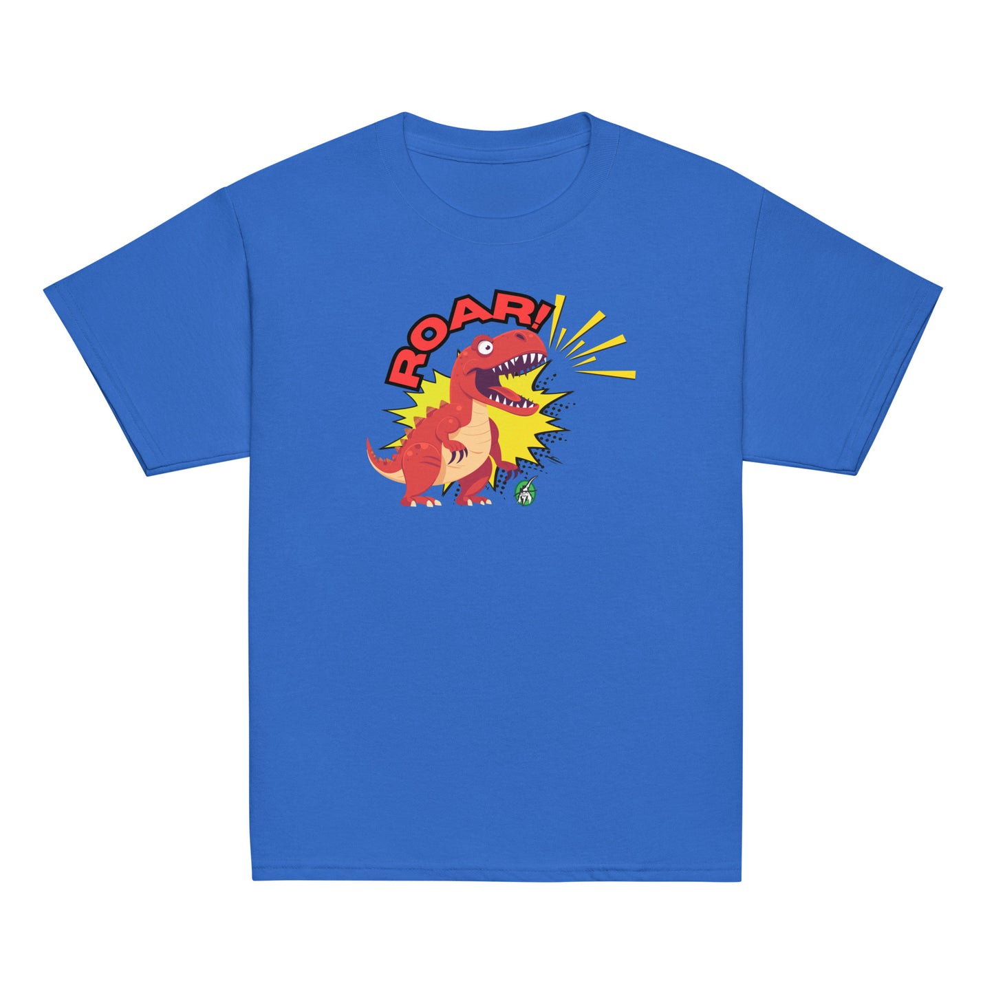 Kids' blue t-shirt with a printed graphic of a roaring dinosaur and the word, Roar!. Designed by Wizard Prints.