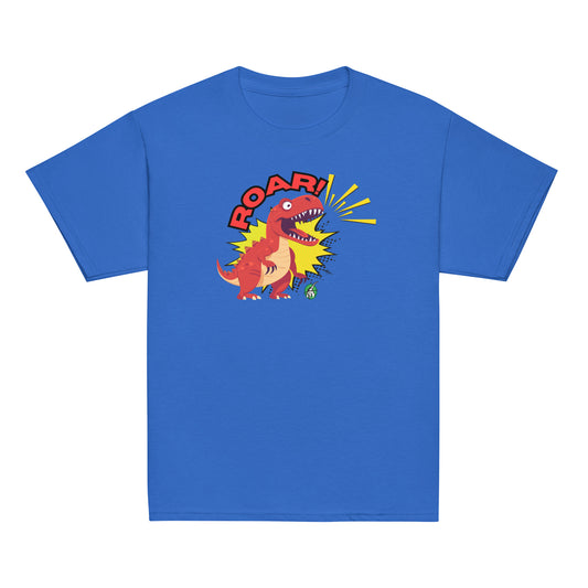 Kids' blue t-shirt with a printed graphic of a roaring dinosaur and the word, Roar!. Designed by Wizard Prints.