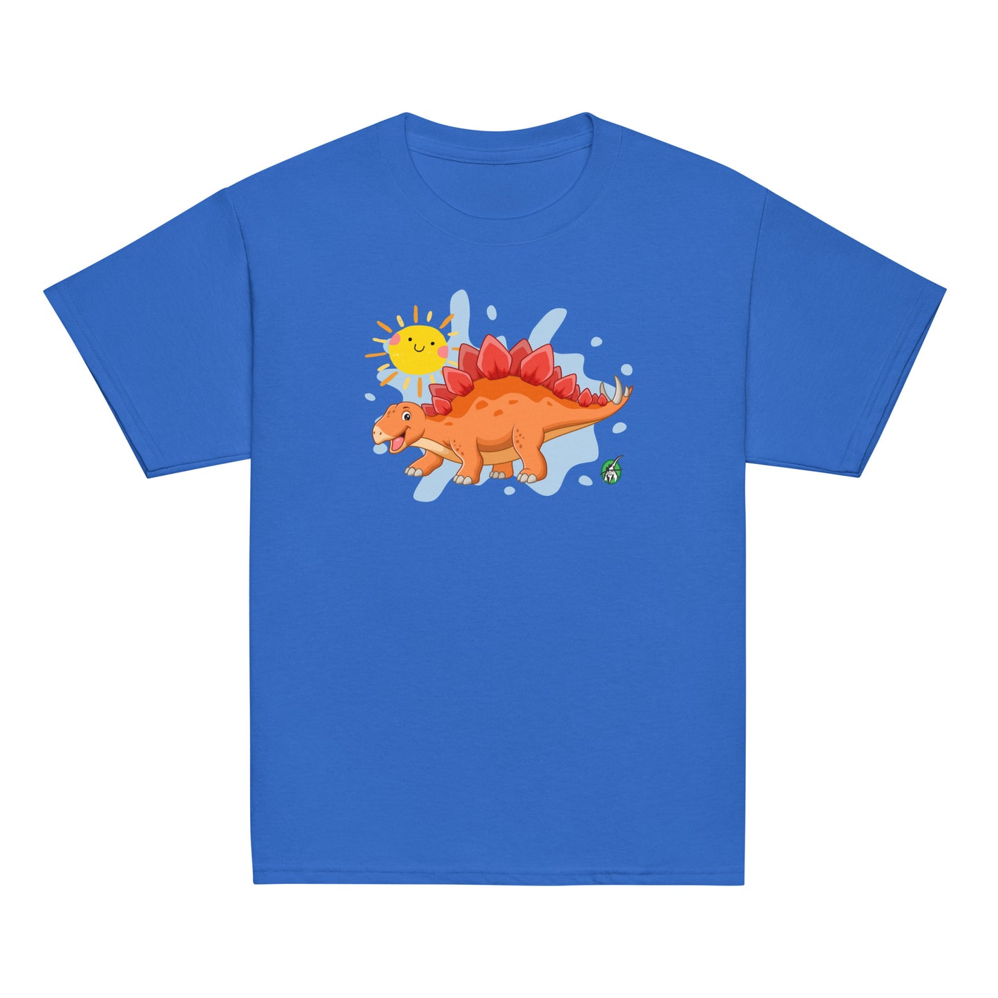 Kids' blue t-shirt with a printed graphic of a smiling cartoon Stegosaurus and the sun. Designed by Wizard Prints.