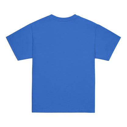 Back view of a kids' blue t-shirt by Wizard Prints Shop