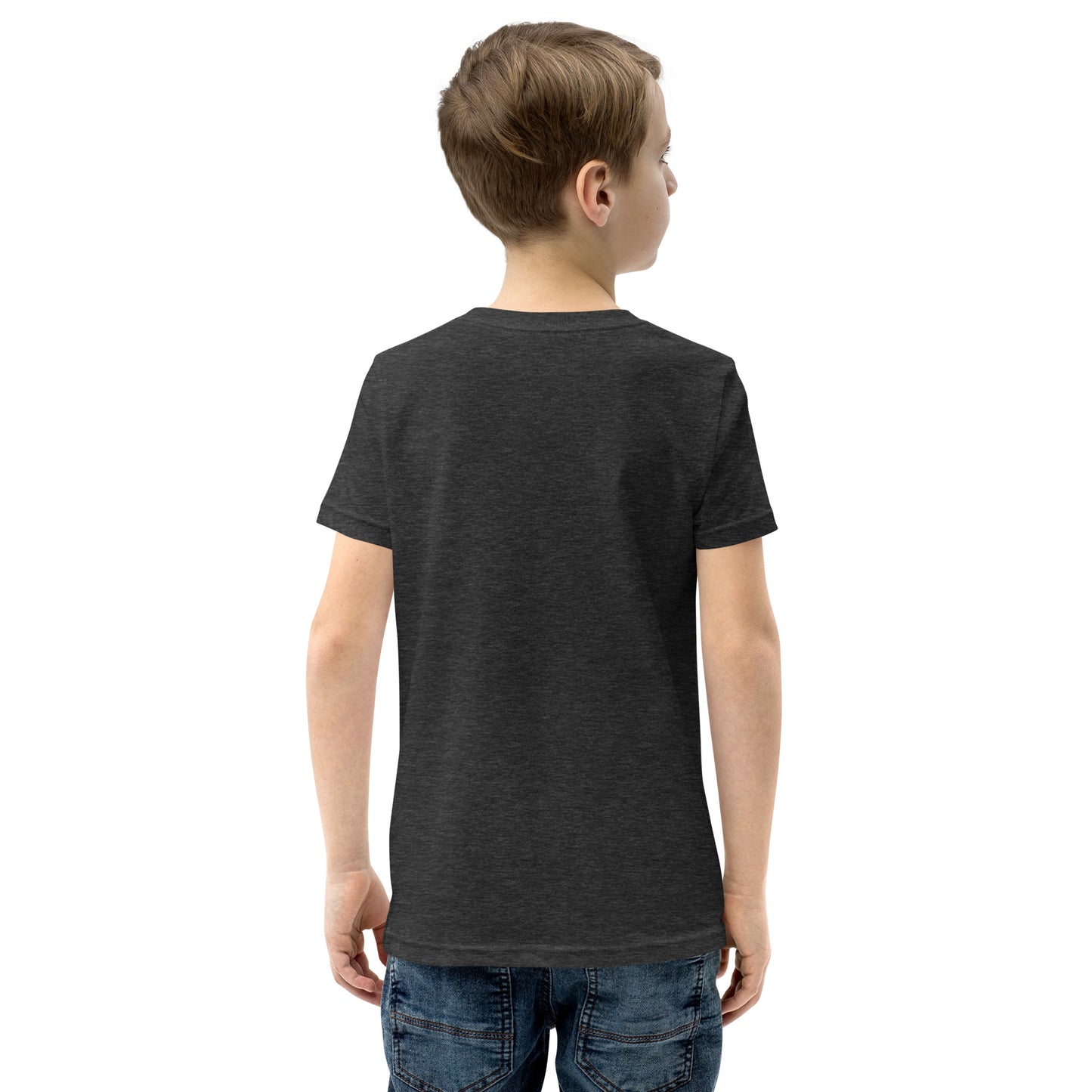 A kids dark grey graphic t-shirt plain back view by Wizard Prints Shop