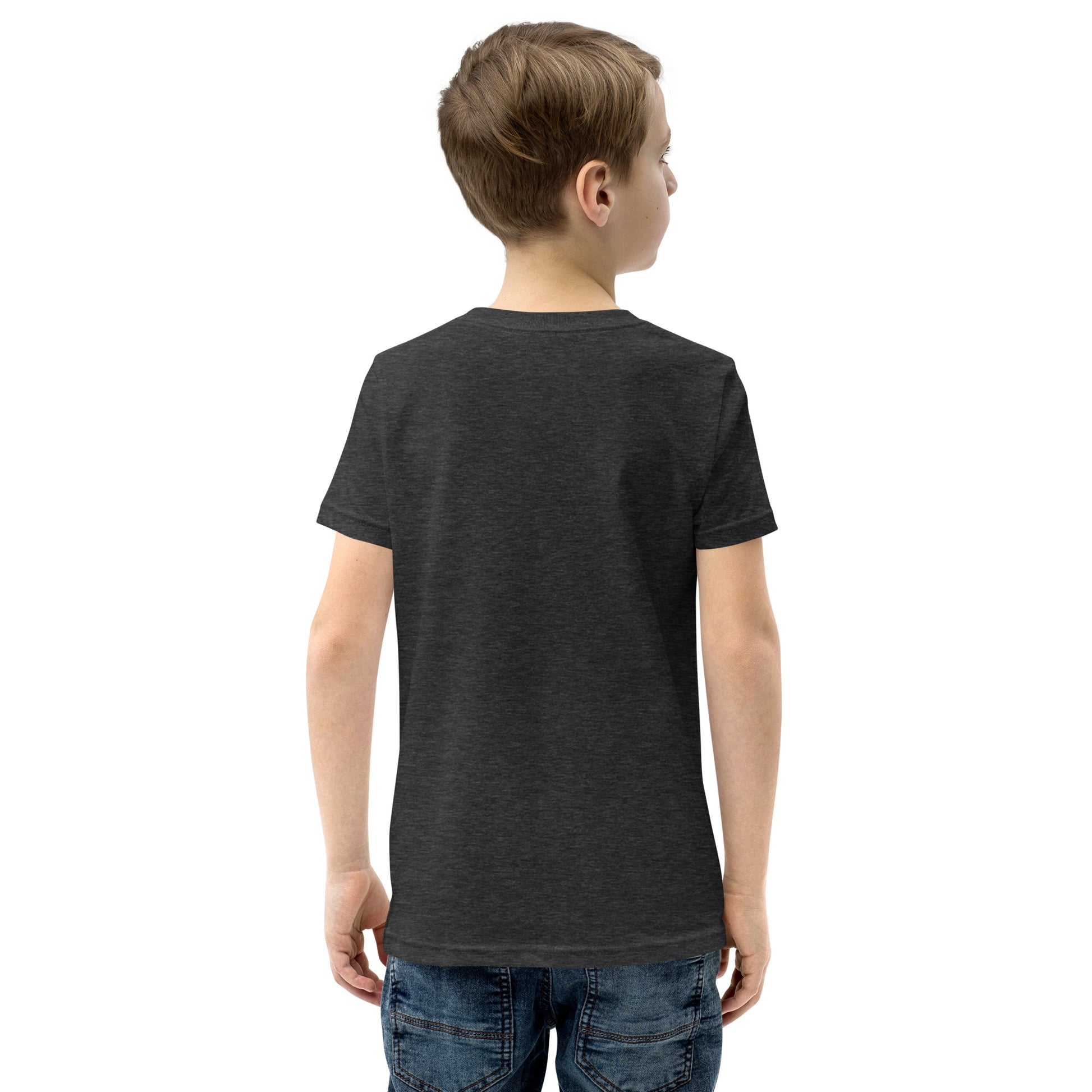A kids dark grey graphic t-shirt plain back view by Wizard Prints Shop