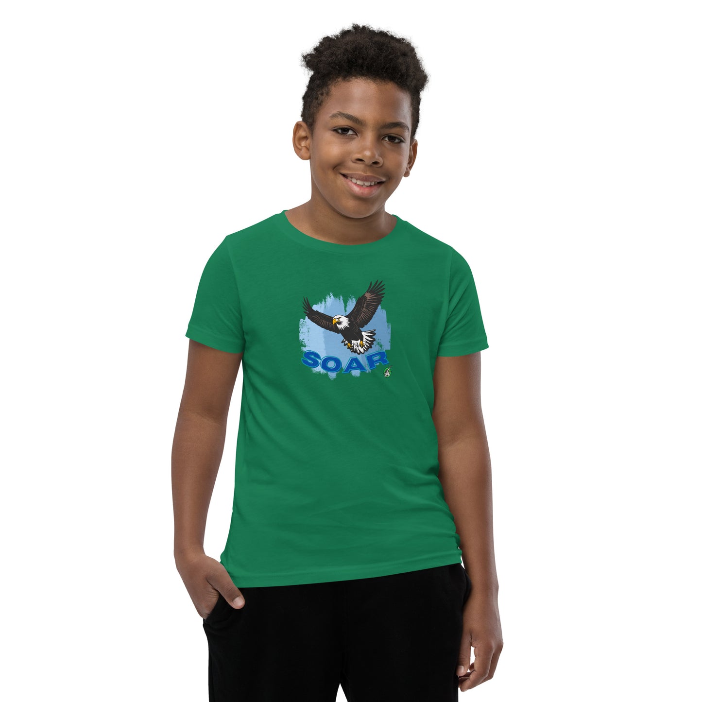 A boy wearing a Wizard Prints kids t-shirt in green with a printed graphic on the front of an eagle soaring in the sky.