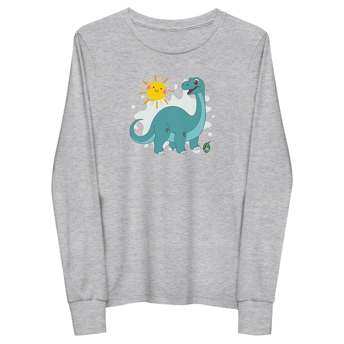 Kids' grey long sleeve t-shirt with a printed graphic of a smiling brachiosaurus and the sun. Designed by Wizard Prints