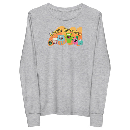 Kids' grey long sleeve t-shirt with a printed graphic of colourful monsters and the words, 'Little Monster'. Designed by Wizard Prints