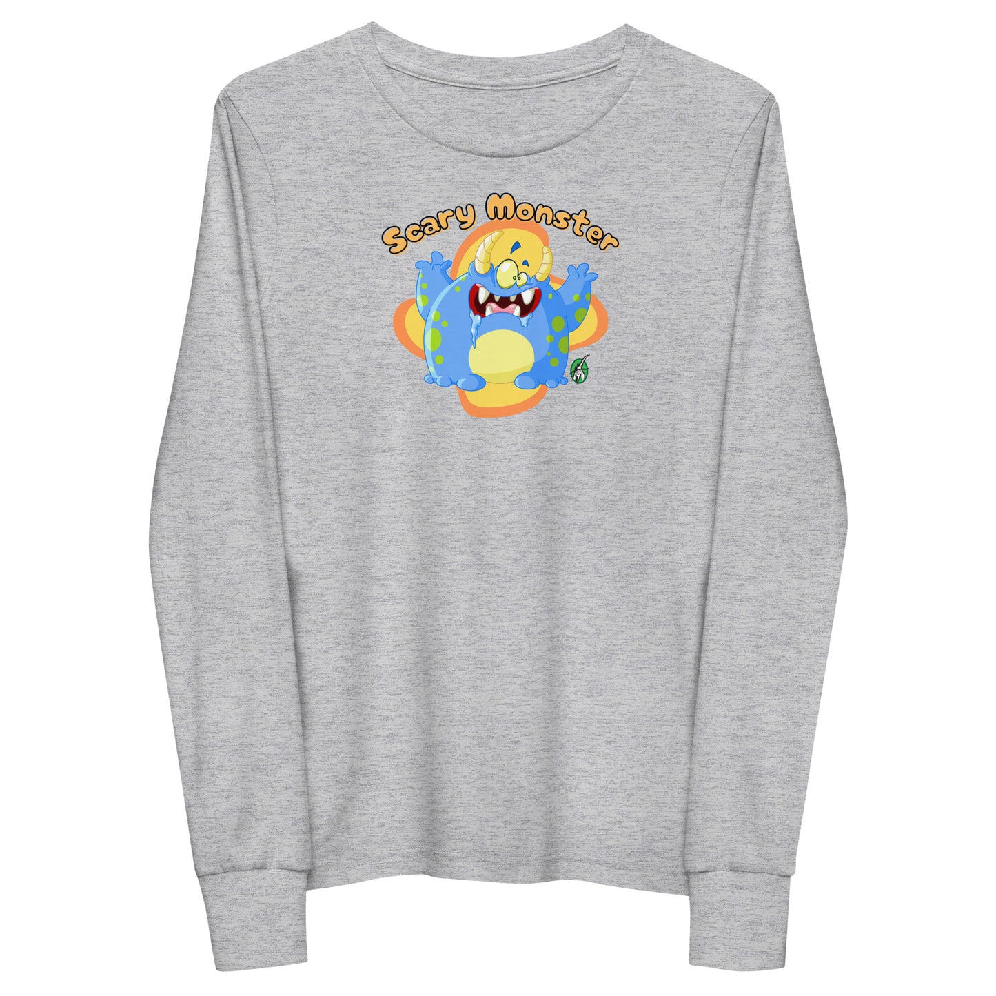 Kids' grey long sleeve t-shirt with a printed graphic of a monster and the words, 'Scary Monster'. Designed by Wizard Prints