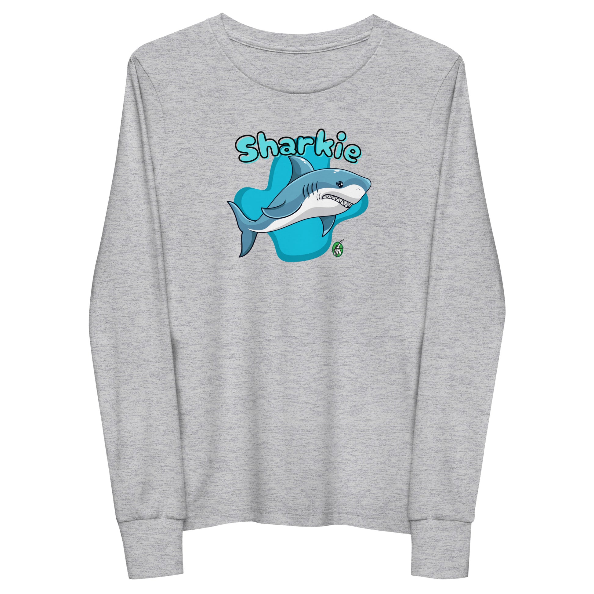 Kids' grey long sleeve t-shirt with a printed graphic of a shark and the word, 'Sharkie'. Designed by Wizard Prints