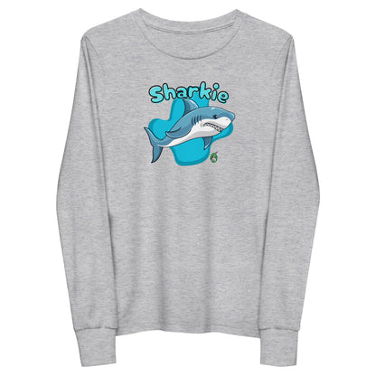 Kids' grey long sleeve t-shirt with a printed graphic of a shark and the word, 'Sharkie'. Designed by Wizard Prints