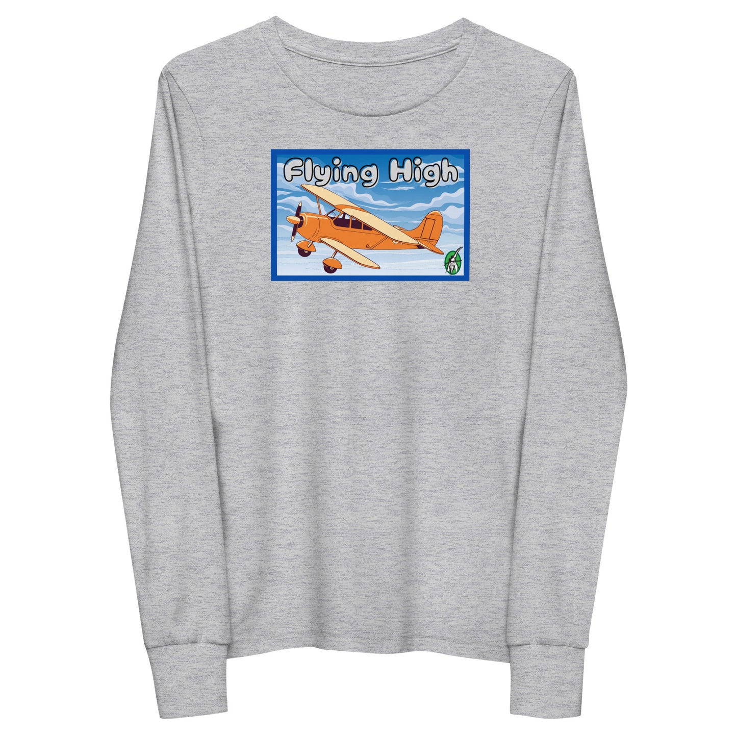 Kids' grey long sleeve t-shirt with a printed graphic of a vintage airplane and the words, 'Flying High'. Designed by Wizard Prints