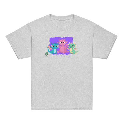 Kids' grey t-shirt featuring a printed graphic of colorful dragons, designed by Wizard Prints.