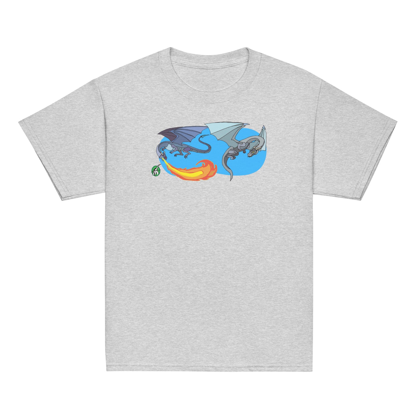 Kids' grey t-shirt featuring a printed graphic of two flying fiery dragons, designed by Wizard Prints.