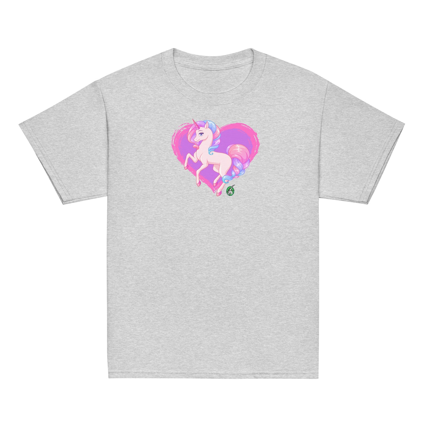 Kids' grey t-shirt featuring a printed graphic of a pink unicorn on a purple heart background, designed by Wizard Prints.