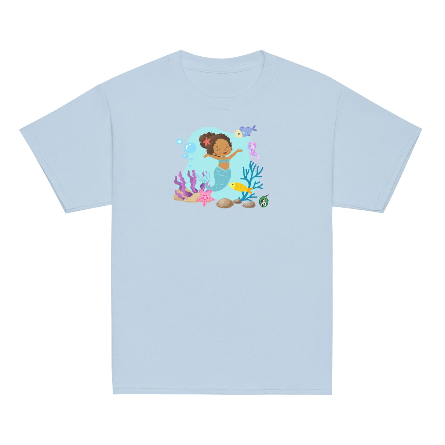 Kids' light blue t-shirt featuring a printed graphic of a curly mermaid surrounded by sea creatures and water, designed by Wizard Prints.