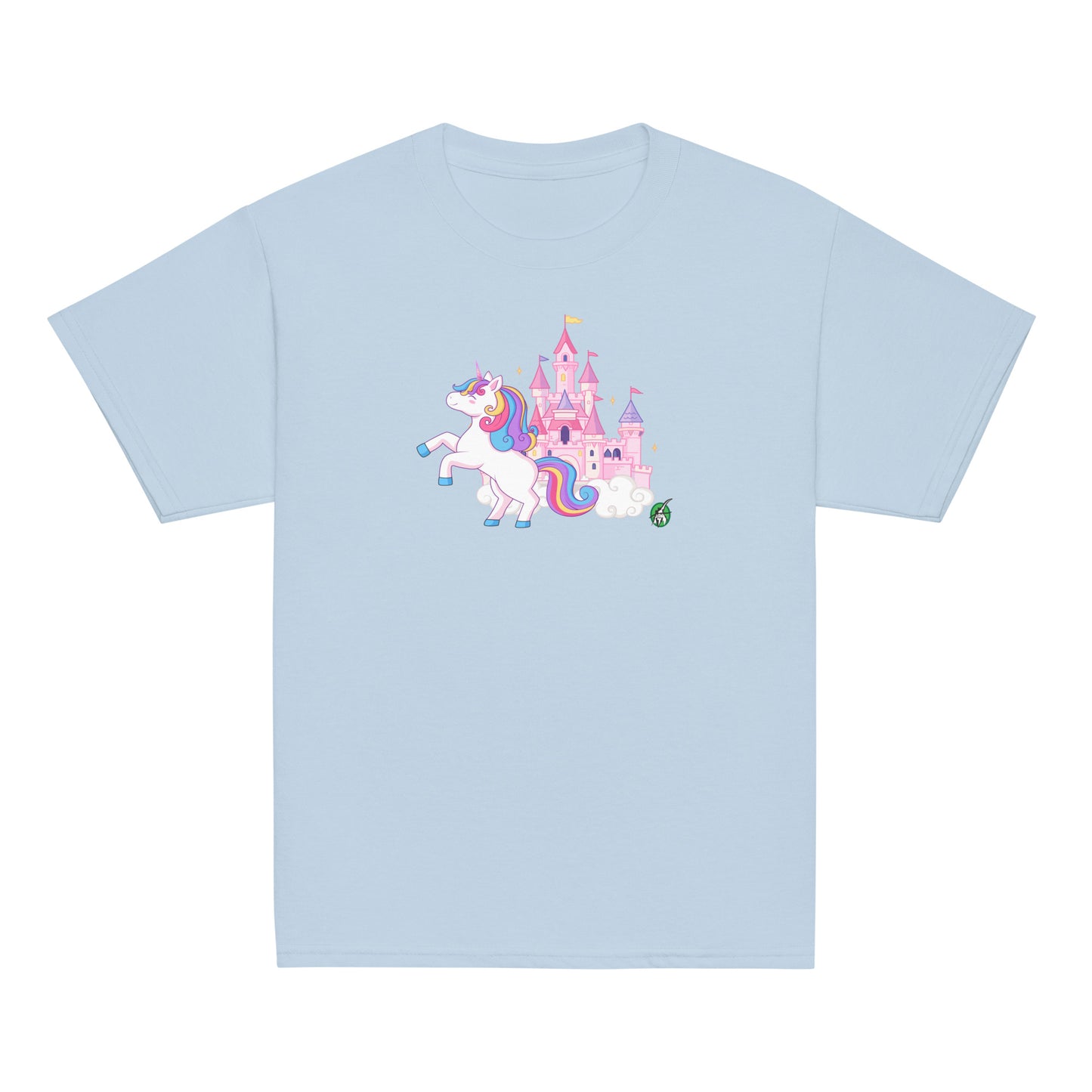 Kids' light blue t-shirt featuring a printed graphic of a unicorn in front of a castle, designed by Wizard Prints.