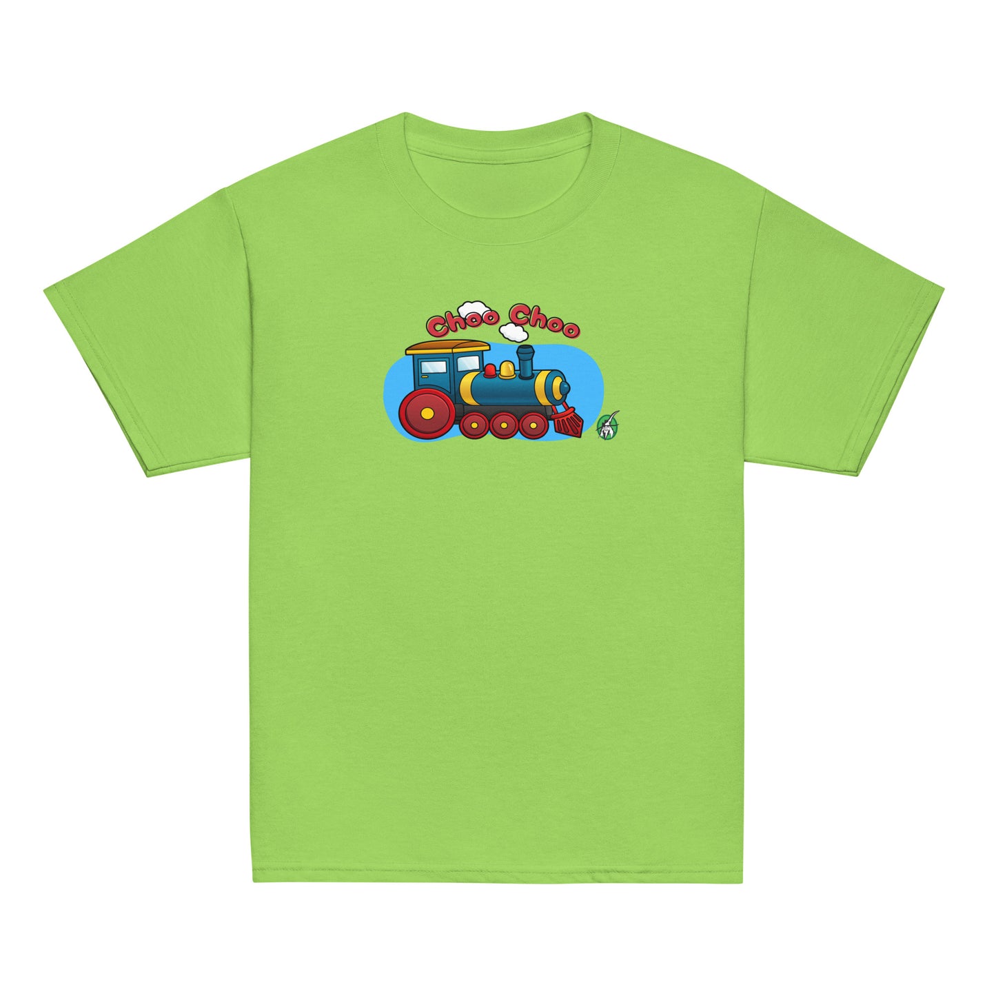 Kids' lime green t-shirt featuring a printed graphic of a cartoon train, designed by Wizard Prints.