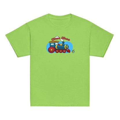 Kids' lime green t-shirt featuring a printed graphic of a cartoon train, designed by Wizard Prints.