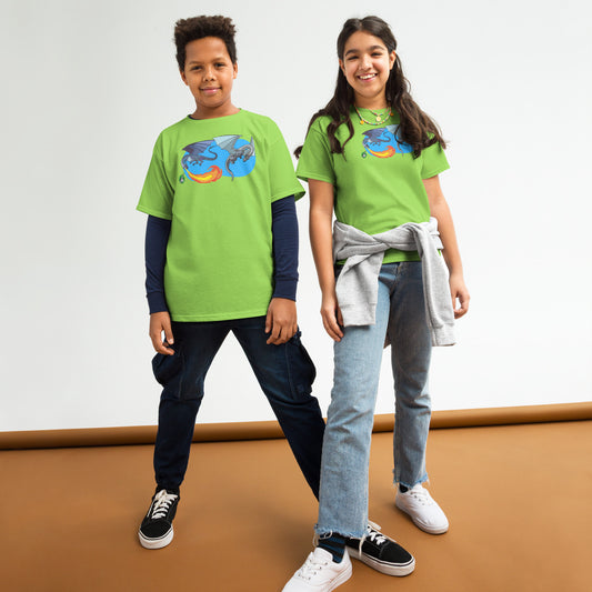 A boy and a girl standing and wearing lime green t-shirts featuring a printed graphic of two flying fiery dragons, designed by Wizard Prints.