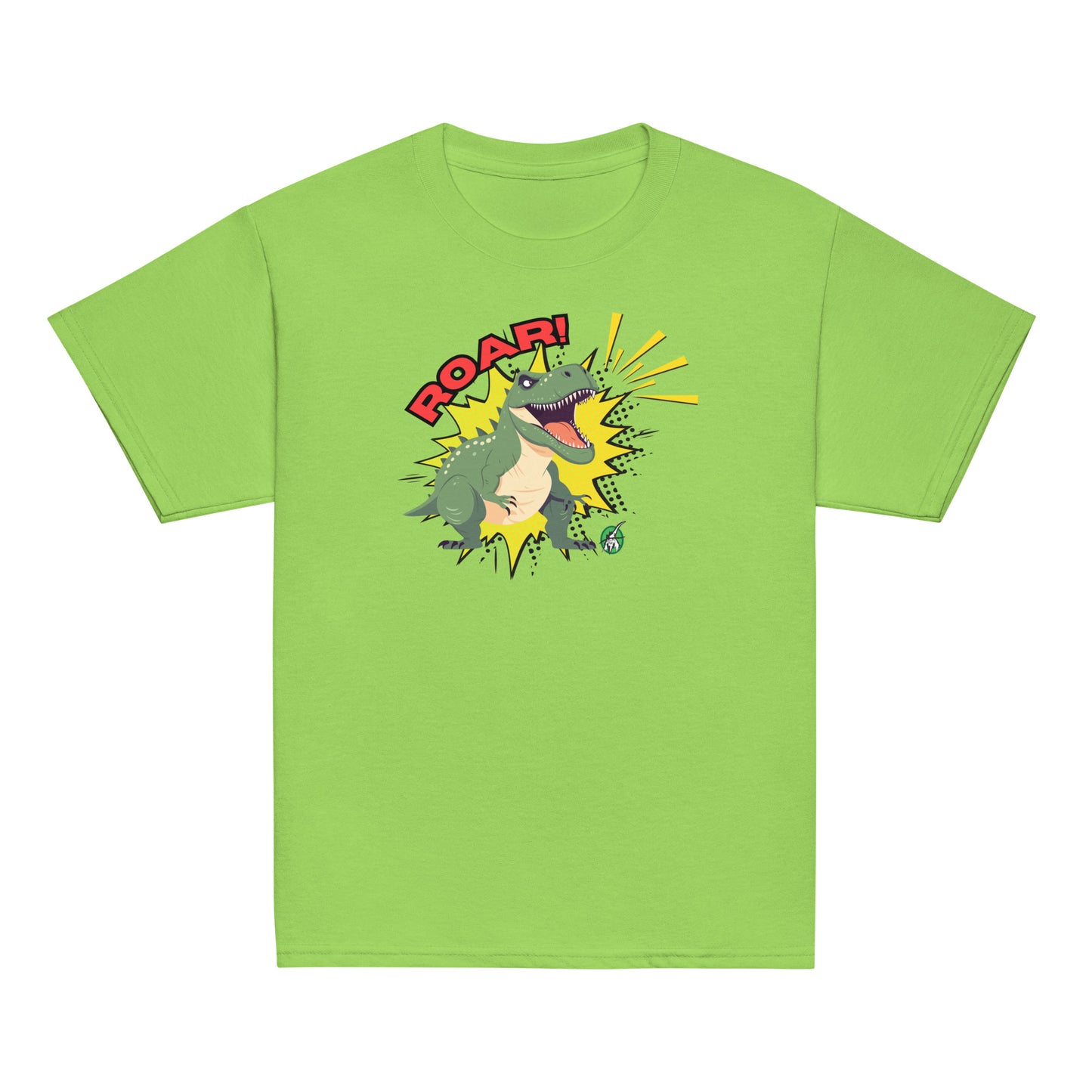Kids' lime green t-shirt with a printed graphic of a green roaring dinosaur and the word, Roar!. Designed by Wizard Prints.