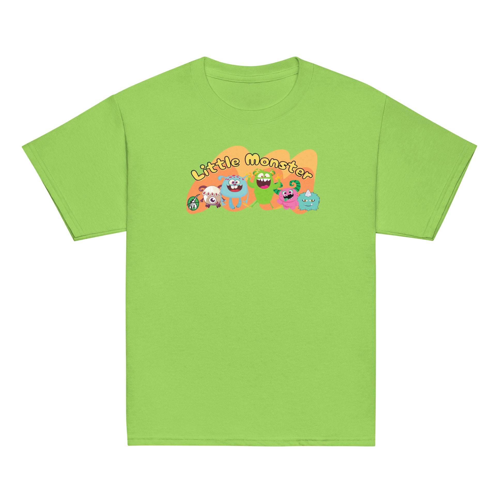 Kid's lime green t-shirt with a printed graphic of colourful monsters and the words, 'Little Monster'. Designed by Wizard Prints