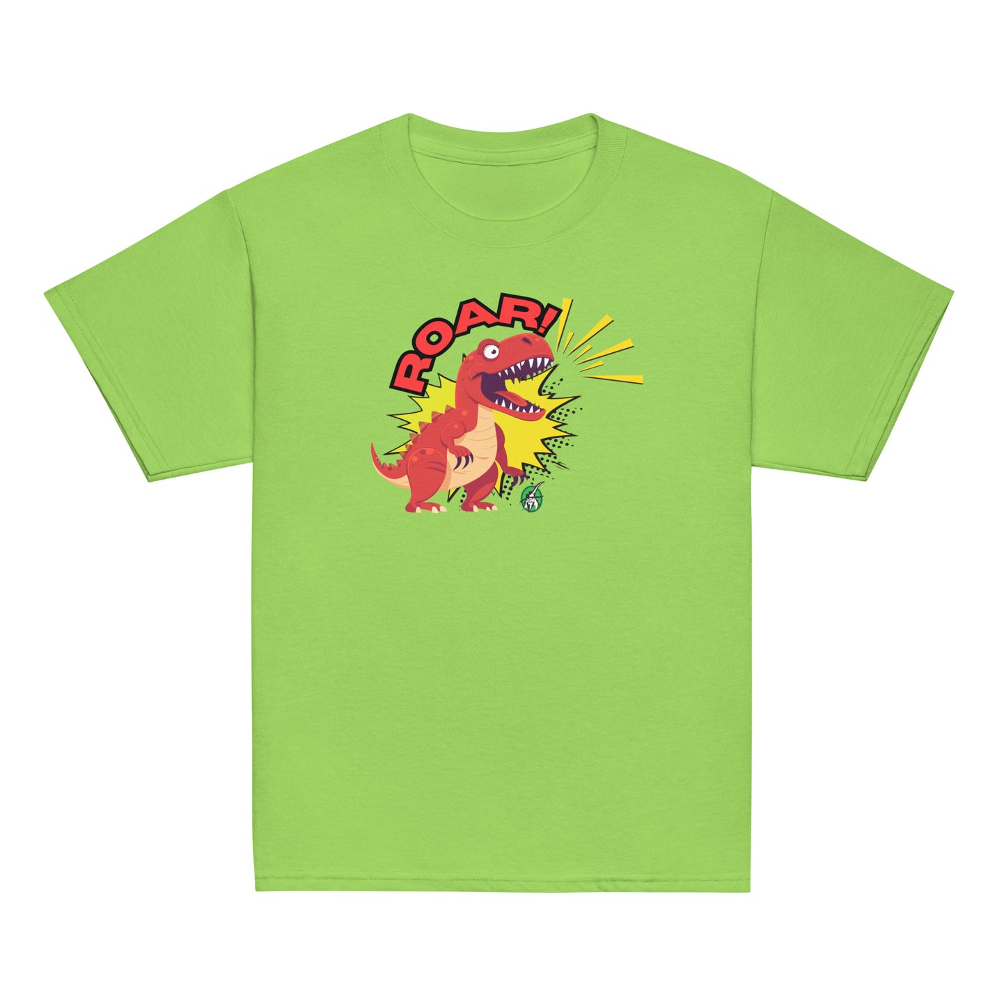 Kids' lime green t-shirt with a printed graphic of a roaring dinosaur and the word, Roar!. Designed by Wizard Prints.