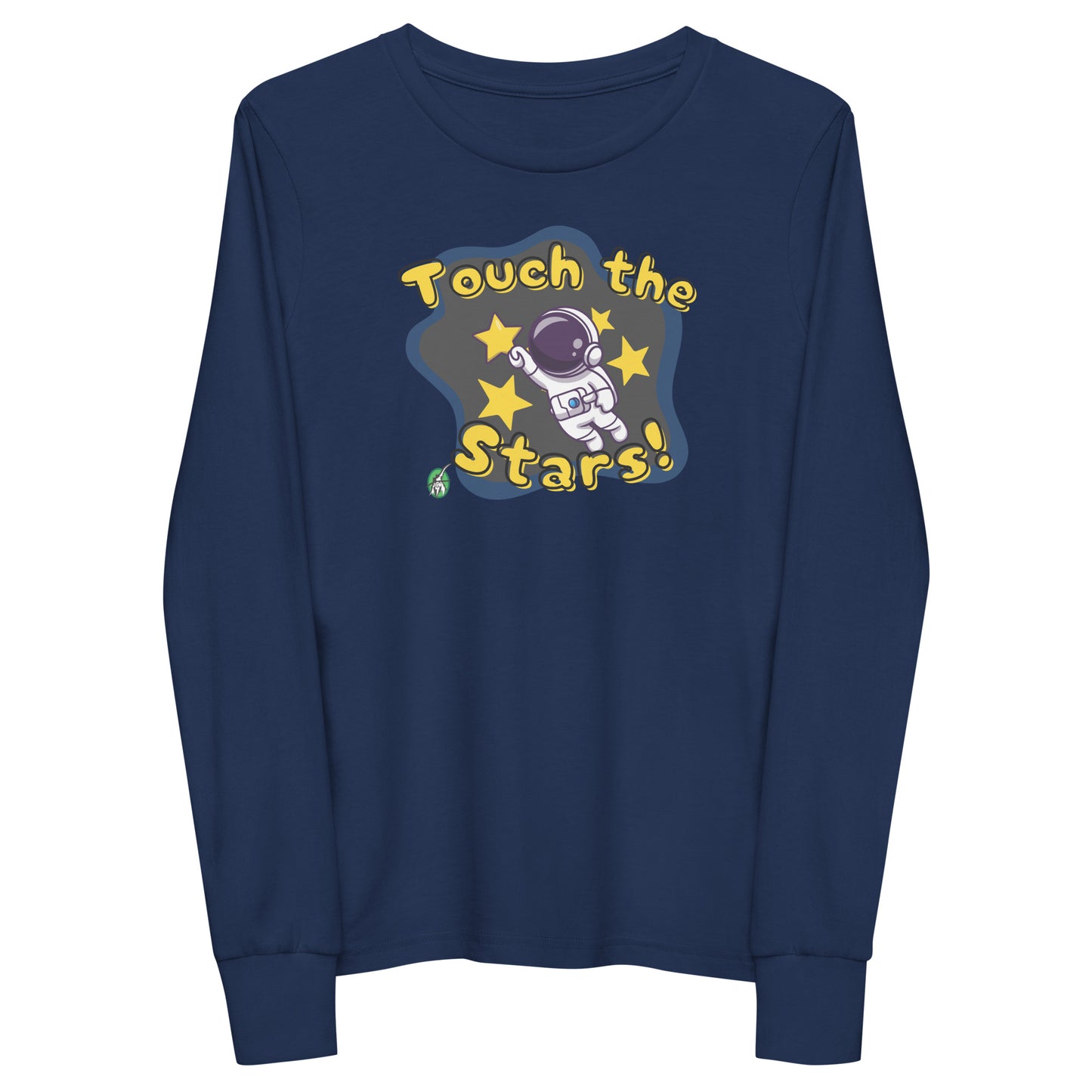 Kids' navy blue long sleeve t-shirt with a printed graphic of an astronaut and the words, 'Touch the Stars'. Designed by Wizard Prints